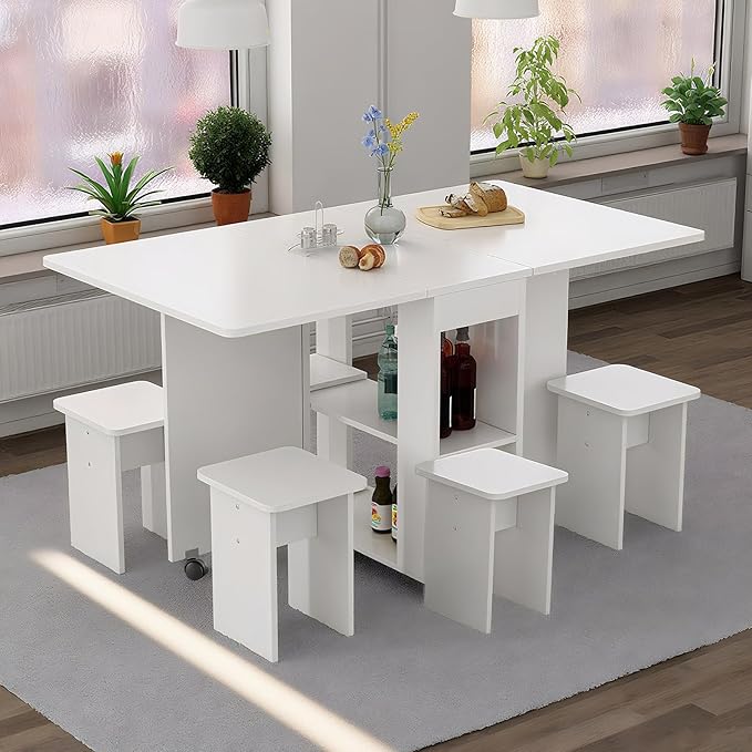 LUMISOL Folding Dining Table Set for 4, Drop Leaf Kitchen Table Set with 4 Chairs, Storage and 6 Wheels, Space Saving Dini...