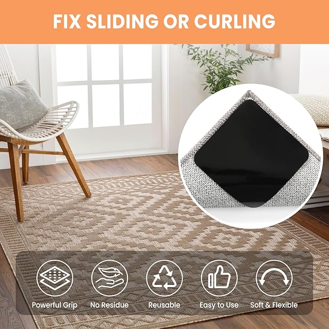 BAGAIL Rug Grippers 12 Pcs, Non-Slip Rug Corner Grips for Hardwood Floors & Tile, 4x4in Reusable Double-Sided Adhesive Carpet Tape to Prevent Sliding & Tripping Hazards for Pets, Kids, Family