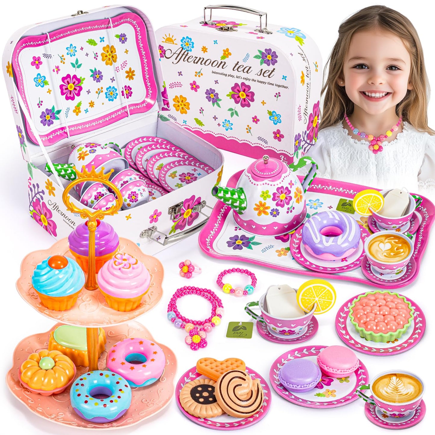 Hohosunlar Kids Tea Party Set for Little Girls, Flower Toy Tin Tea Set with Carry Case, Dessert Play Food Tea Cup Set Teapot Girl Jewelry, Birthday for Girls Kids 3 4 5 6 7 Years Old