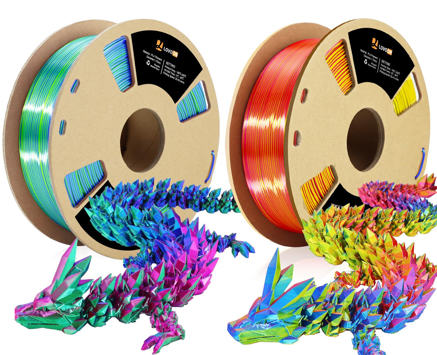 LOVOON 3D Printing Filament Bundle 2 KG, Tricolor PLA Filament 1.75mm Silk Blue/Green/Red and Silk Blue/Yellow/Red, Color Changi