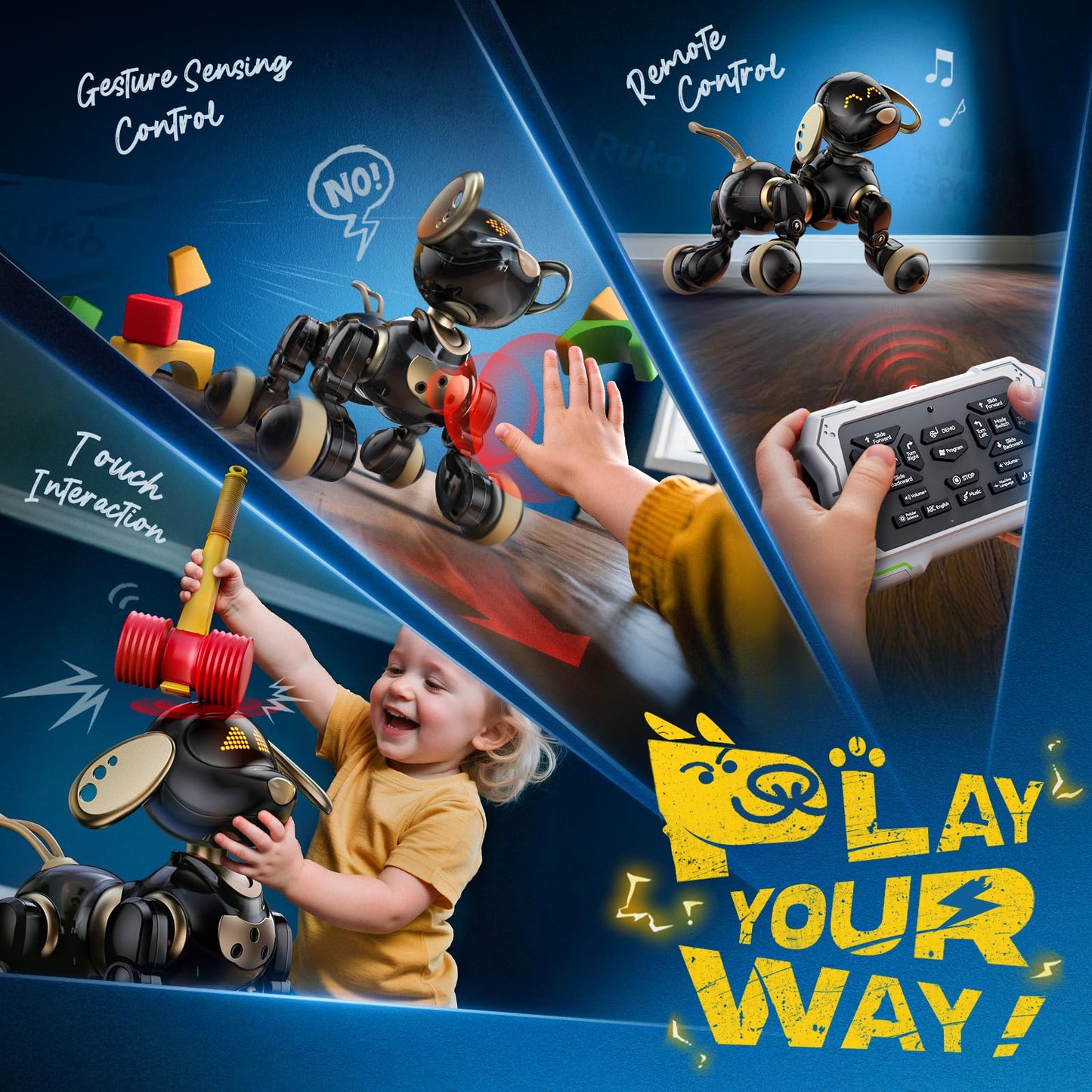 Ruko 18011 Robot Dog Toy, Smart Interactive Puppy with 30+ LED Faces, Remote & Gesture Control, Programmable Electronic Pet for Kids Ages 3–9, Black & Gold