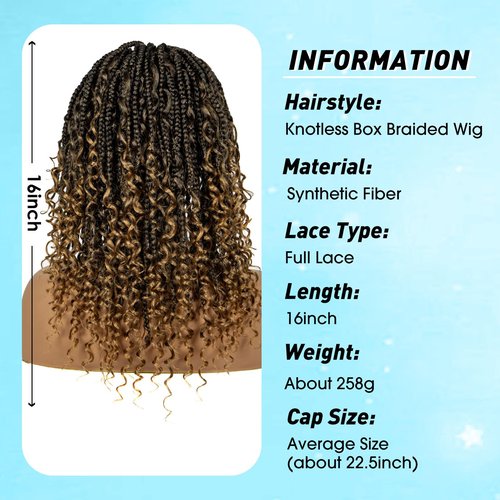 A ANYTIME Qiyu 18" Short Knotless Box Braided Wigs for Women Braided Lace Wigs with Curly Ends Bob Braids Wigs Full Lace Braided Wig with Baby Hair Natural Blended Braiding Hair Wig（1B/27