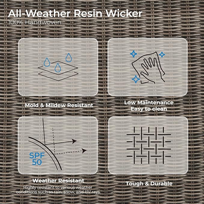CHITA 3 Pieces Patio Wicker Furniture Set, Outdoor Rattan Bistro Set with Removable Thickened Cushions, Fully Assembled(Gray Cushions with Brownish Gray Wicker)