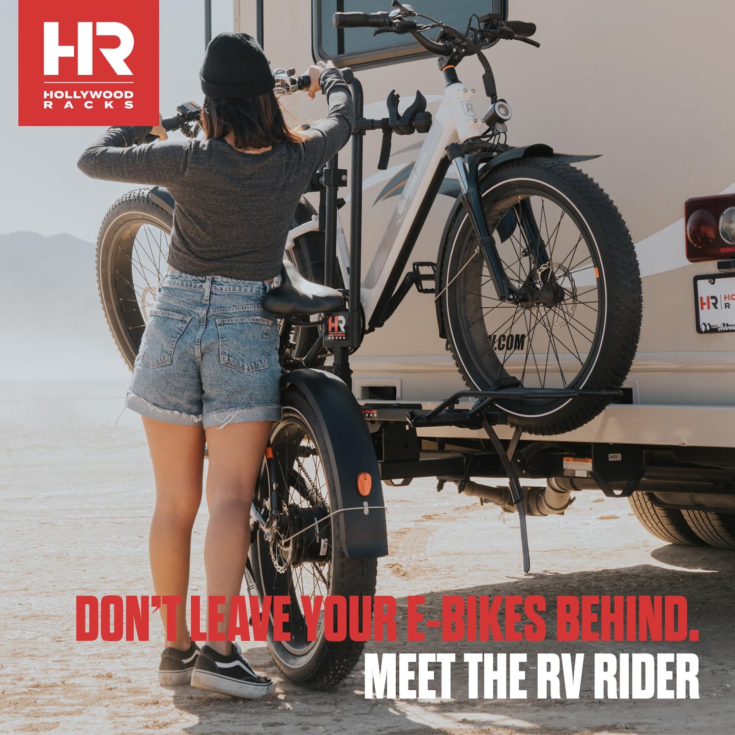 Hollywood RV Rider Hitch Bike Rack for 2 E-Bikes up to 80 lbs Each - Premium Electric Bike Rack for RV, Fifth Wheel, Flat Towed Vehicle - Durable for Standard and Fat Tire Bikes