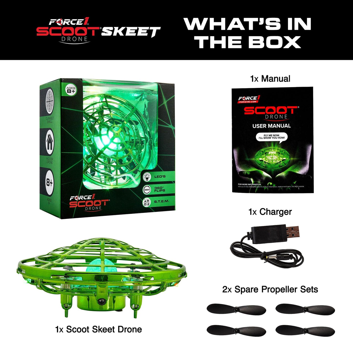 Force1 Scoot Hand Operated Drone for Kids or Adults - Hands Free Motion Sensor Mini Drones, Easy LED Indoor Rechargeable Flying Ball Drone Toy for Boys and Girls (Green)