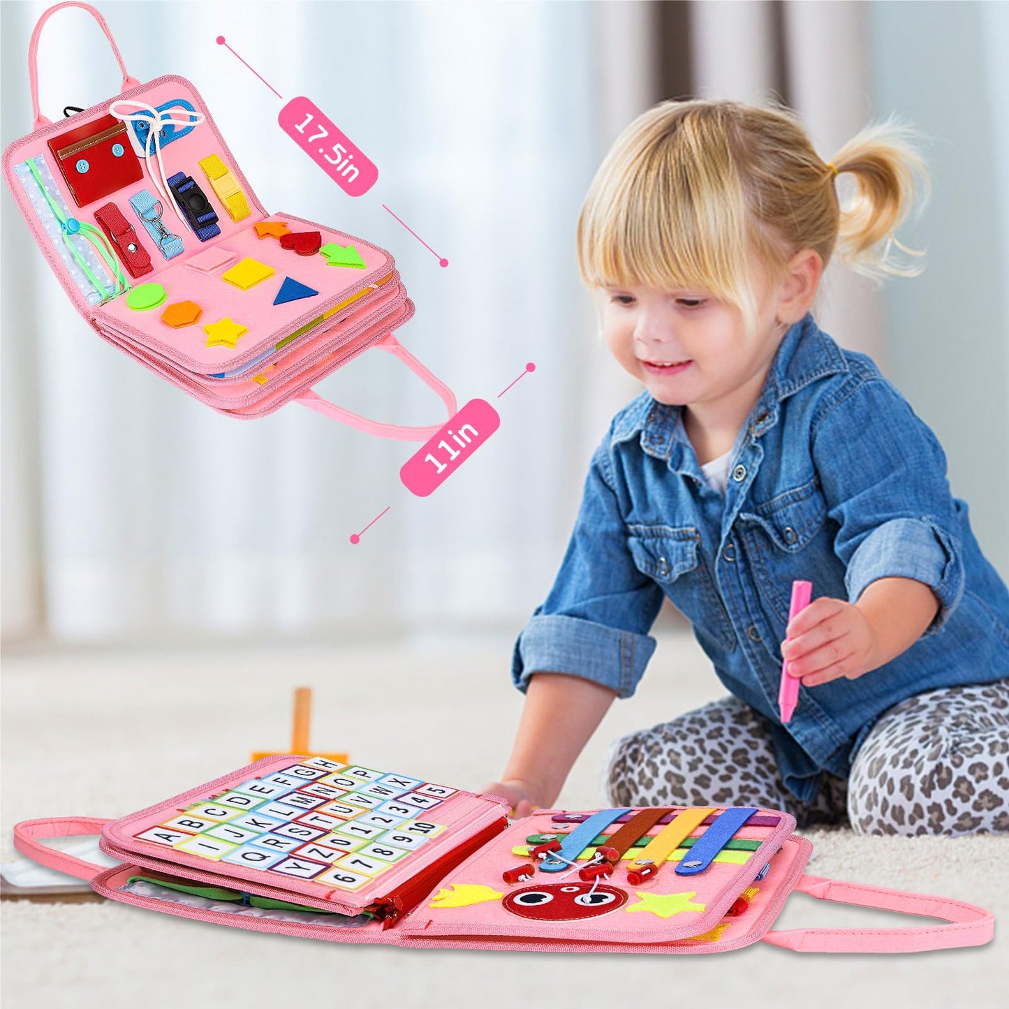 Esjay Toddler Busy Board Montessori Toys for Girls, Sensory Board Educational Activities for Learning Fine Motor Skills, Birthday Gifts for Girls Toddlers, Travel Toys for Airplane Car, Fairy Horse