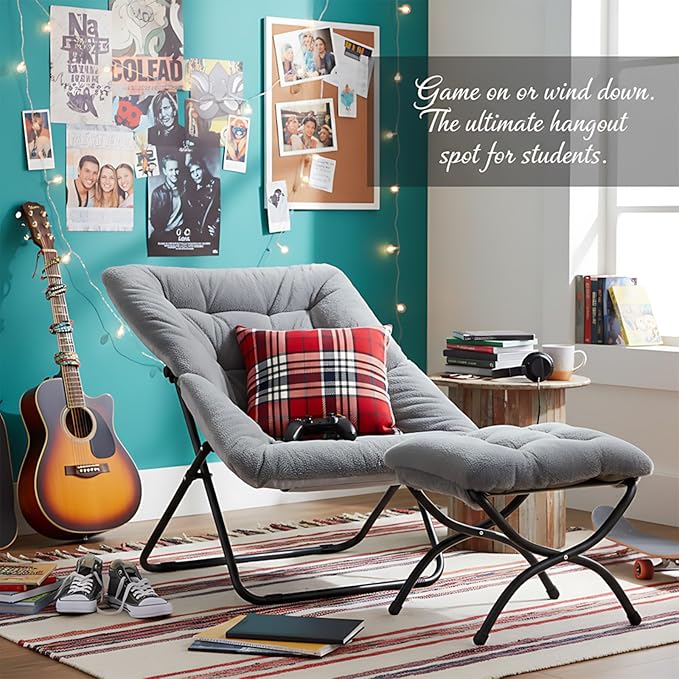 Givjoy Comfy Folded Chair with Ottoman, Oversized Folding Faux Fur Chair Soft Furry Lounge Lazy Chair with Metal Frame Moon Chair Accent Chair for Bedroom, Living Room, Dorm Rooms