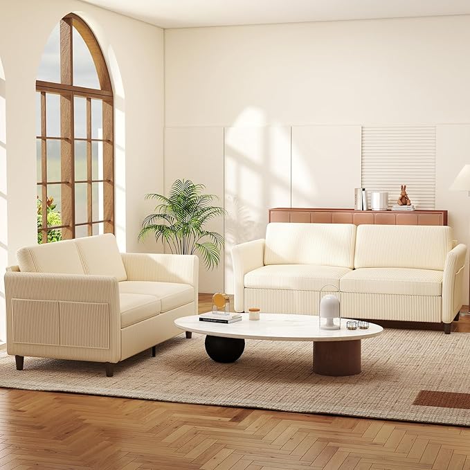 Corduroy Loveseat Sofa, Modern Comfy Couches with Side Pocket, Cloud Sofa Couch for Living Room, Bedroom and Small Spaces,Beige