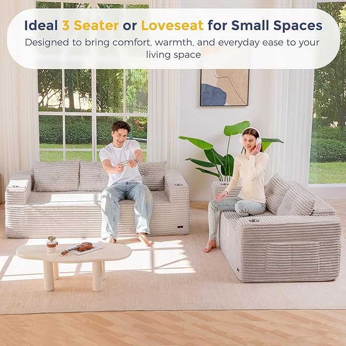 MAXYOYO 79" Oversized Boneless Loveseat Sofa Couch for Small Spaces, Mini Love Seat Floor Couch with Cup Holders and Pillows, 3-Seater Upholstered Cloud Couch for Bedroom, No Assembly Required