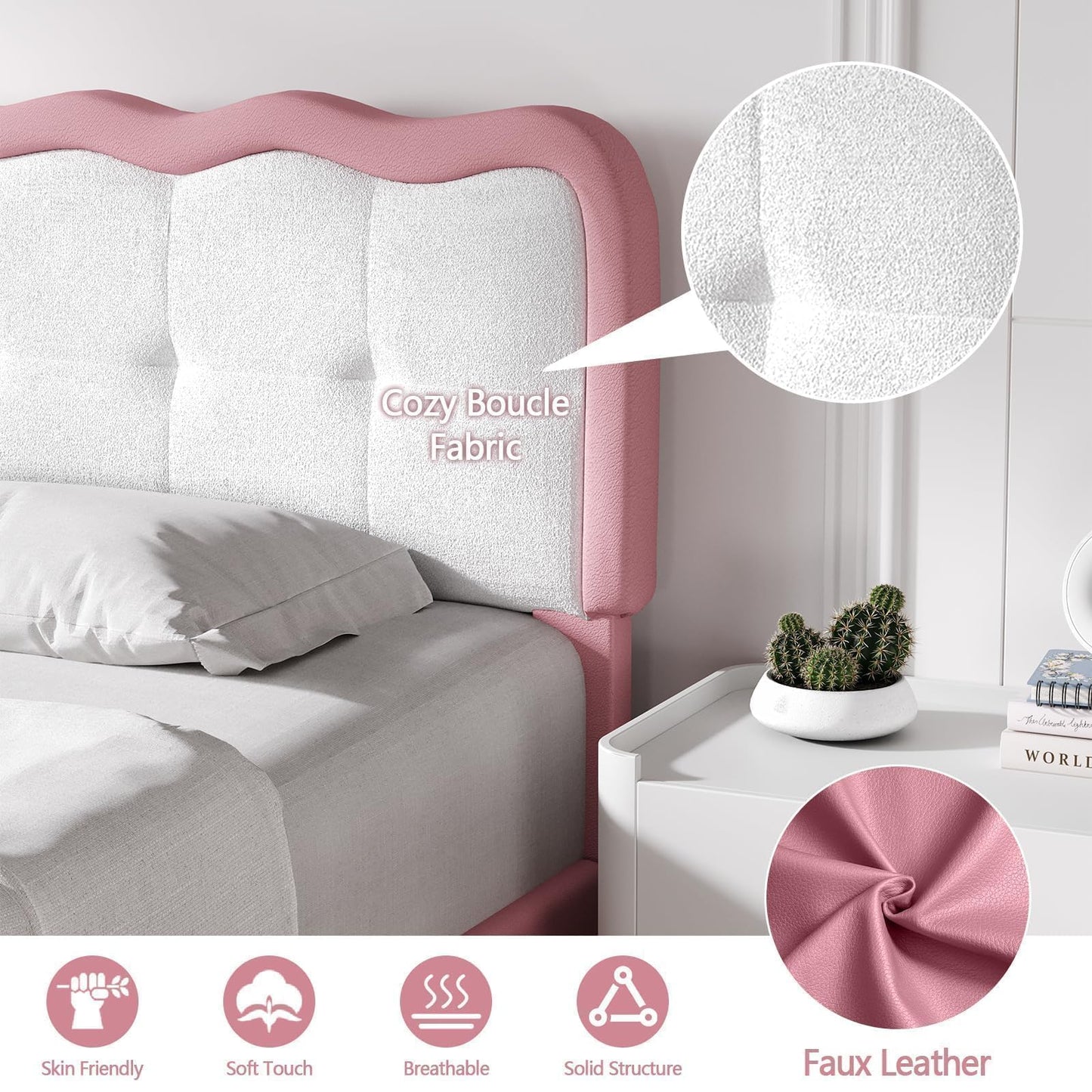 Twin Bed Frame, Upholstered Platform Bed with Cloud Headboard, Anti-Collision Soft Rounded Corners, No Box Spring Required, Easy Assembly, Pink