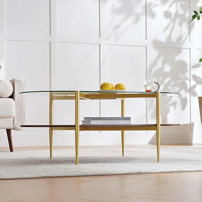 Pine Flicker Oval Glass Coffee Table, Mid-Century Modern Design, L42*W22*H17 inch, for Living Room, Clear Glass Top and Walnut Finish Wood Shelf, Conical Metal Legs with Gold Finish