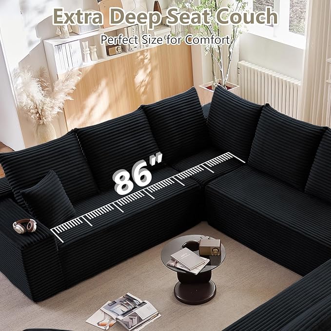 Sectional Cloud Couch for Living Room, Modular Floor Deep-Seat Sofa, Big Comfy Corduroy Couches Set with Fluffy Memory Foam, Stupendous U Shaped Sofas with 12 Pillows, No Assembly Required, Black