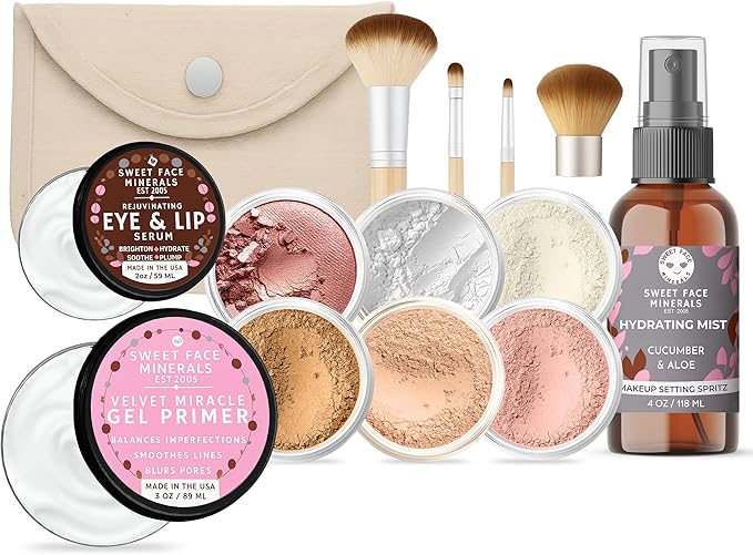 TIMELESS LOOK KIT (DEEP TAN) Full Size Mineral Makeup Set Matte Foundation Bare Face Sheer Powder Cover