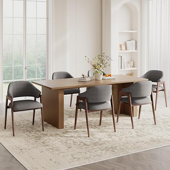 MALOL Wooden Dining Chairs Set of 6, Modern Fabric Upholstered Dining Room Chair, Kitchen Side Chairs, Farmhouse Dinner Chair with Curved Open Back for Kitchen, Grey