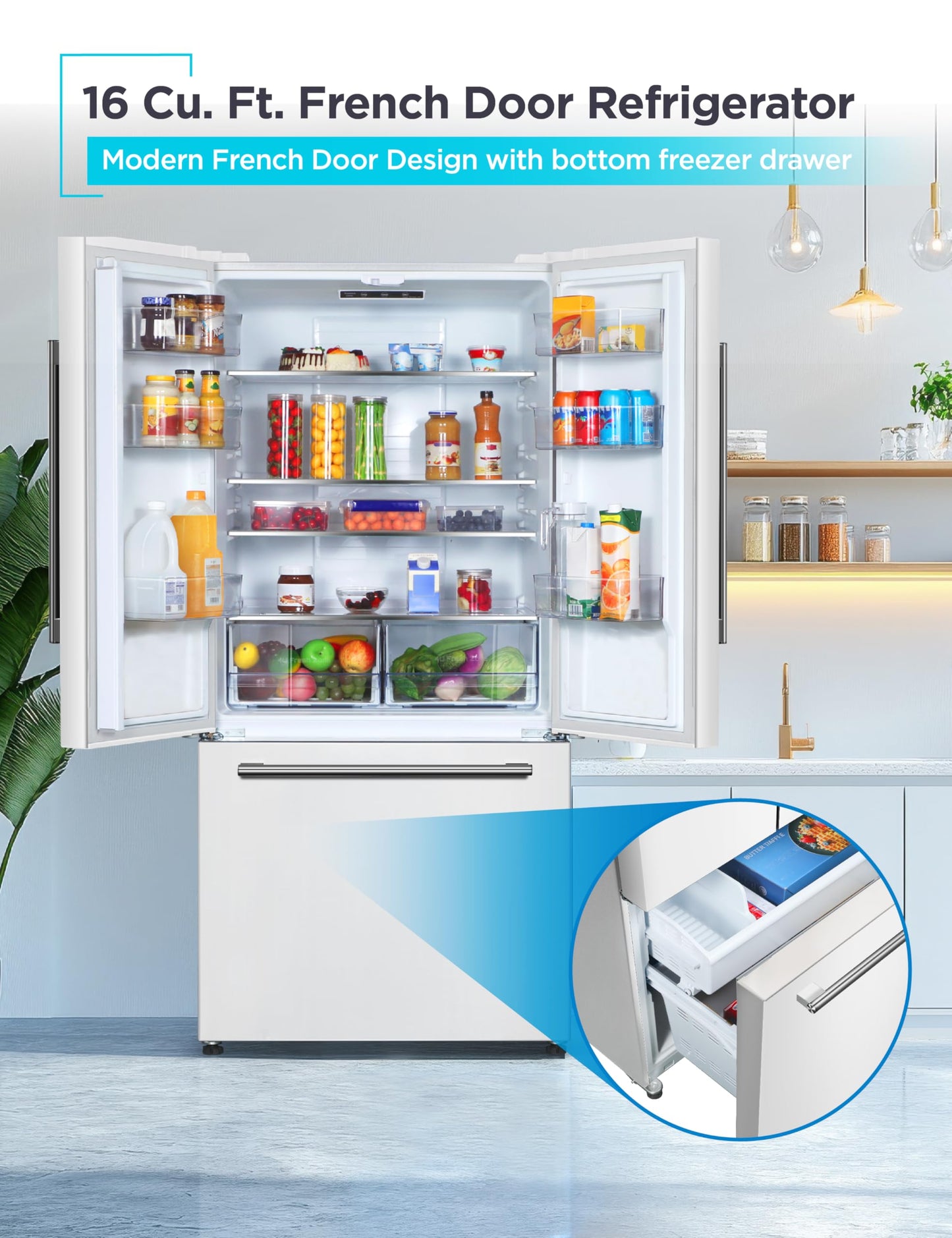 BLACK+DECKER 16 Cu. Ft. French Door Refrigerator with Built-in Ice Maker, Full Size Refrigerator with Bottom Mount Freezer Drawer, ENERGY STAR certified, White