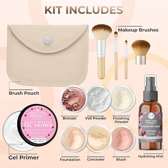 FLAWLESS COMPLEXION KIT (PINK BISQUE) Full Size Mineral Makeup Set Matte Foundation Bare Face Sheer Powder Cover