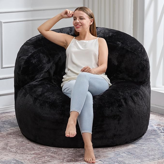 Hobestluk Bean Bag Chair Giant Bean Bag Chairs for Adults Big Bean Bag Chair with Memory Foam Filler Adults Large Beanbag with Faux Fur Cover for Bedroom (Plush Black,Large)