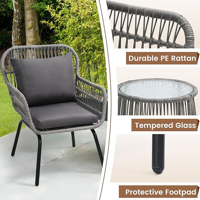 wildformers 3 Pieces Rattan Wicker Bistro Set, Outdoor Conversation Set, Wicker Rattan Furniture Set with Glass Top Table, Space Saving for Balcony, Backyard, Grey