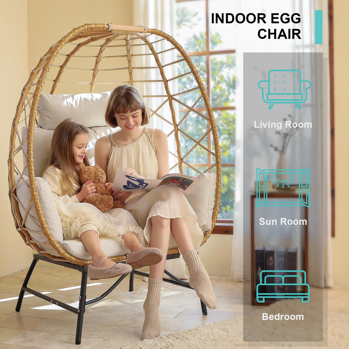 SWITTE Wicker Egg Chair Outdoor Indoor, Oversized Rattan Patio Lounge Chairs with Cushion for Backyard, Living Room, Steel Frame, 480lb Capacity-Cream