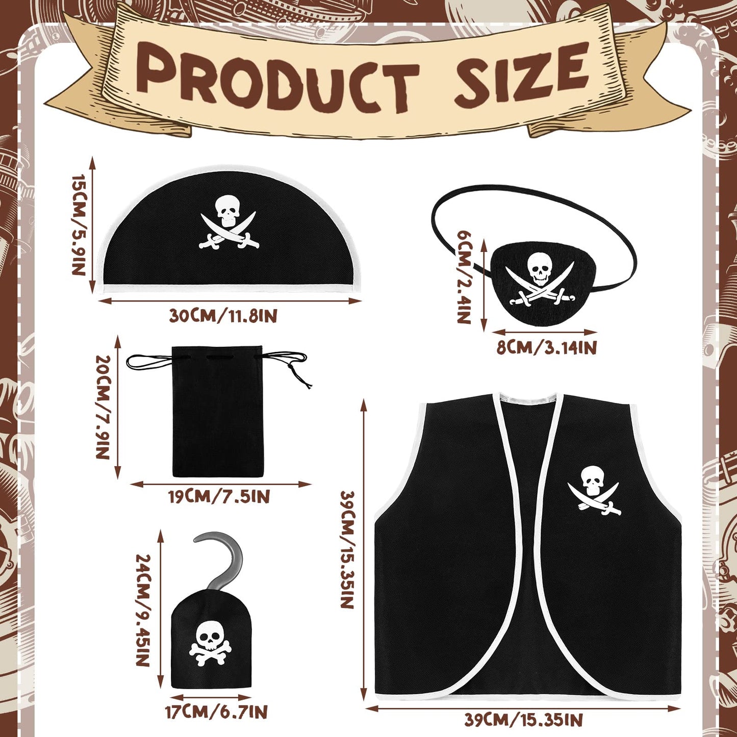 Bencailor 6 Pcs Kids Pirate Costume Accessories Set for Kids Pirate Role Play for Boys Toddlers Girls Halloween Party Cosplay Dress up