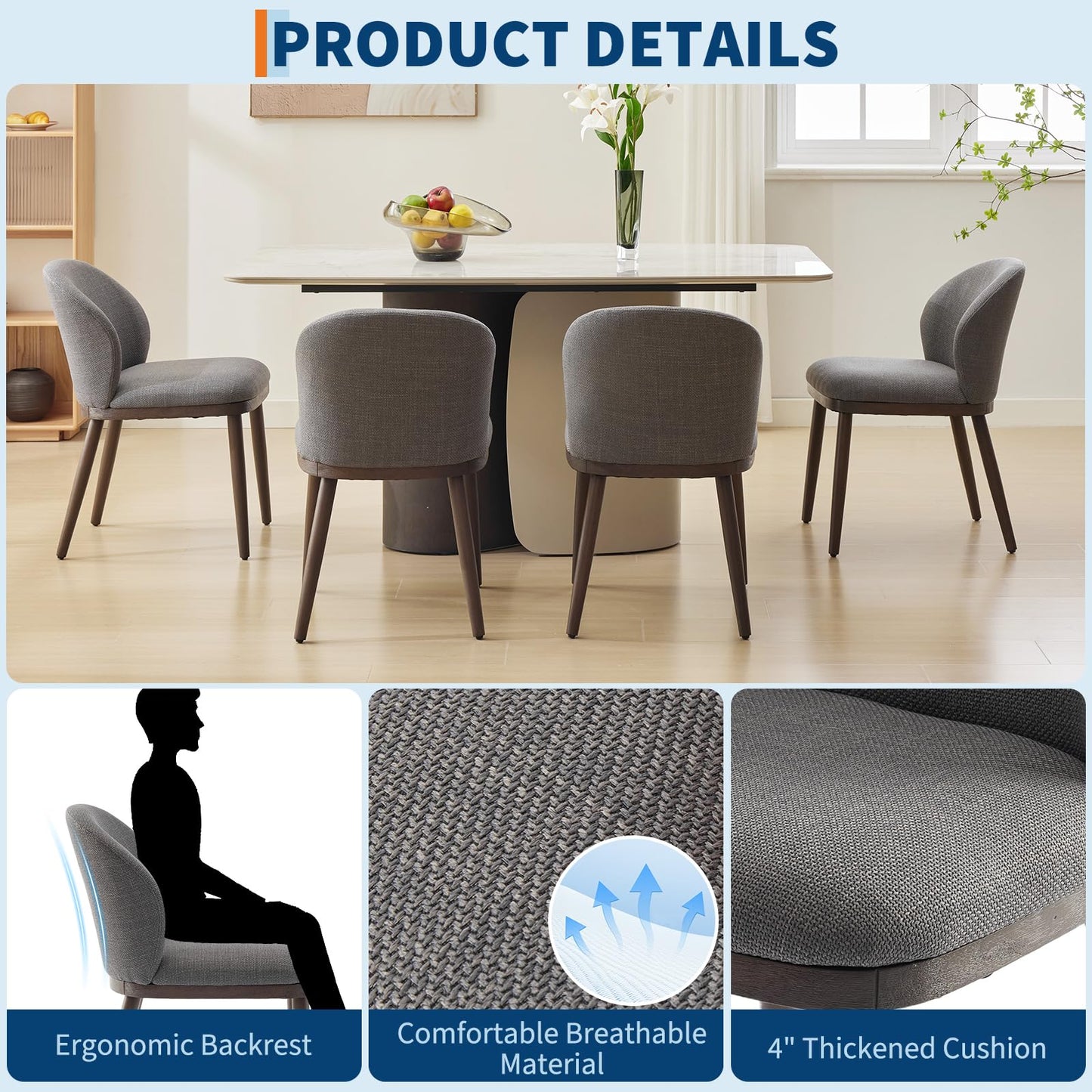 Attracoast Dining Chair Set of 6,Modern Upholstered Kitchen Chairs with Ergonomic Back Support,265lbs Capacity Dining Room Chairs with Wood Legs for Kitchen Dining Room Restaurant