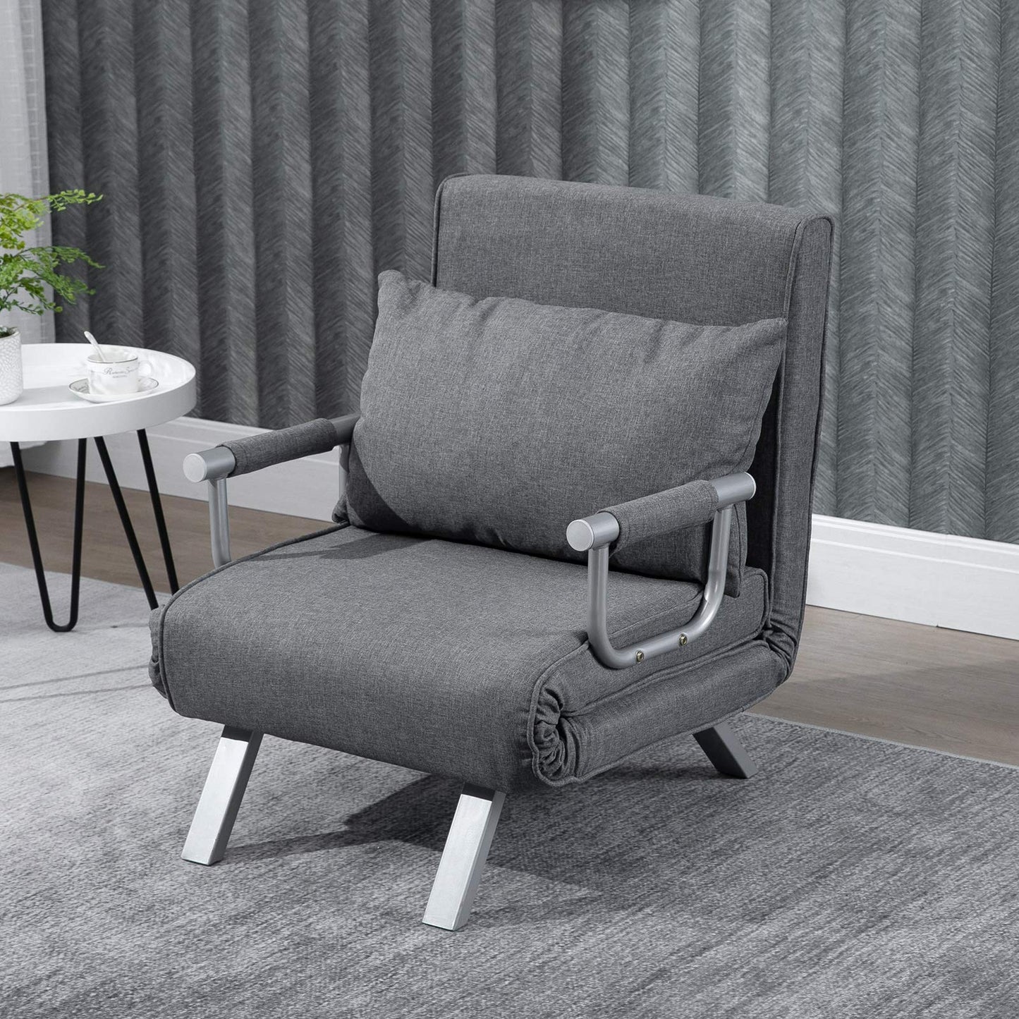 HOMCOM Single Person Folding 5 Position Convertible Sofa Bed Sleeper Chair Chaise Lounge Couch w/Pillow & Steel Frame for Home Office, Light Grey