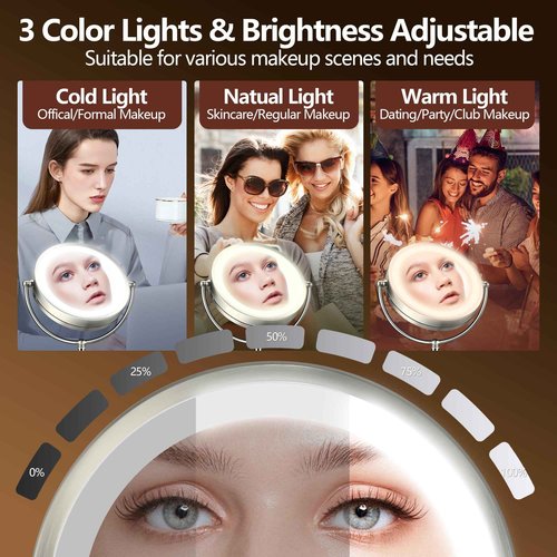 20x Large Lighted Makeup Mirror, Rechargeable 9" Magnifying Makeup Mirror, 30-Minute Timer,3 Color Modes, Adjustable Brightness, No Assembly Required, 360° Rotation Cosmetic Mirror, Pearl Nickel