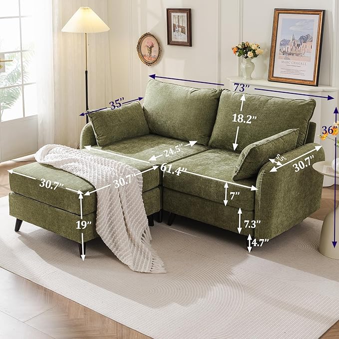 Rexulqo 73'' Loveseat Sofa with All Seats Storage, Modular Sectional Couch with Movable Ottoman,Oversized Comfy Couch with 7.8'' Cushion,24.5'' Deep Seat,for Living Room,Bedroom,Velet,Green