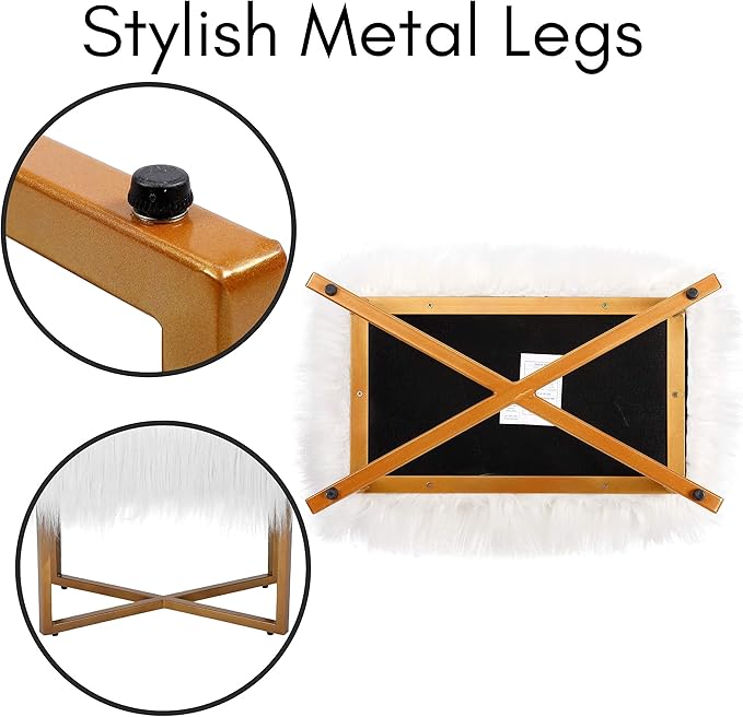 BIRDROCK HOME Rectangular White Faux Fur Foot Stool Ottoman with Gold Legs - Vanity Chair - Soft Compact Padded Seat - Bedroom and Kids Room Chair - Metal - Fluffy Makeup Seat