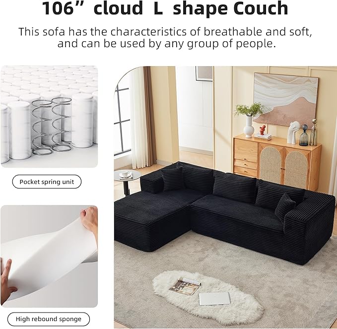 107" Modular Sectional Sofa, L-Shaped Cloud Couch with Deep Seat, Boneless Fluffy Corduroy Sofa for Living Room, No Assembly Required, (Left Facing Chaise,Black)