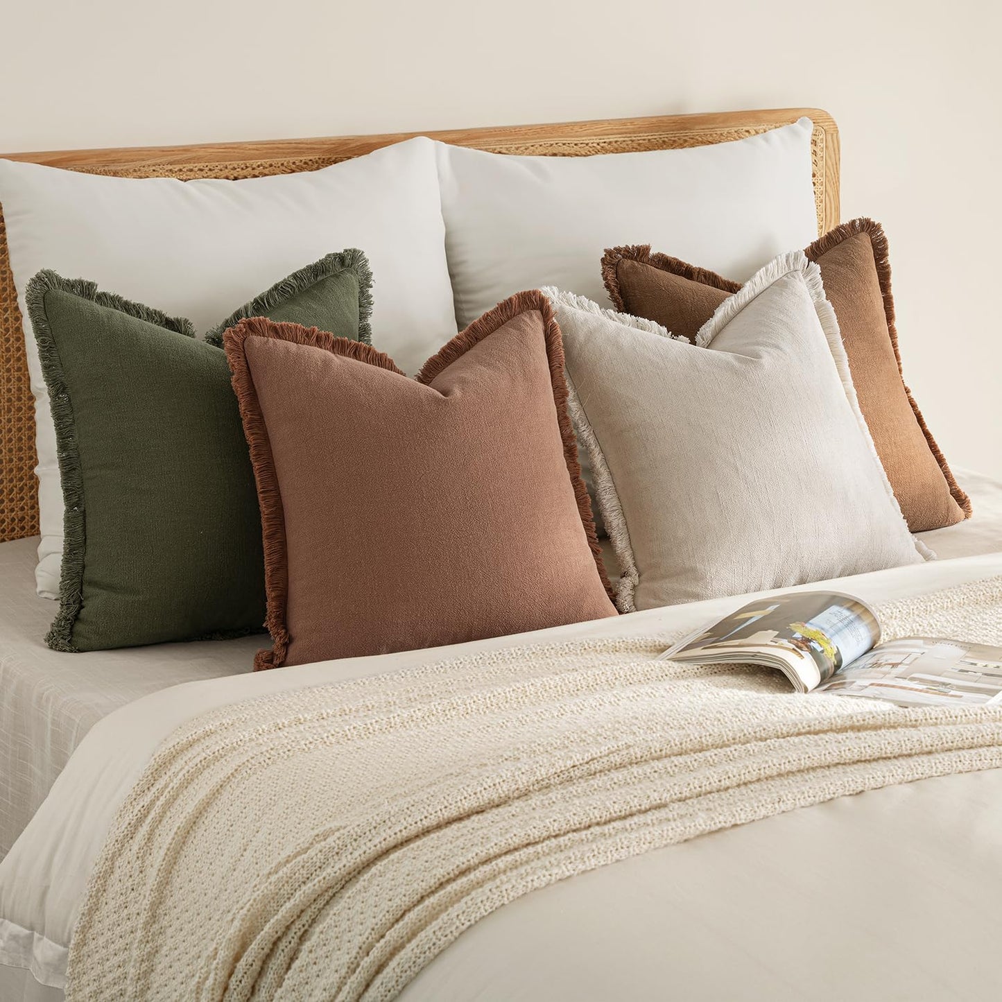 MIULEE Decorative Couch Pillow Covers Neutral Linen Fringe Throw Pillows Set of 4 Soft Rustic Cushions Boho Farmhouse Pillowcases for Bed Sofa Living Room Home Decor 18x18 Inch Beige/Brown/Green