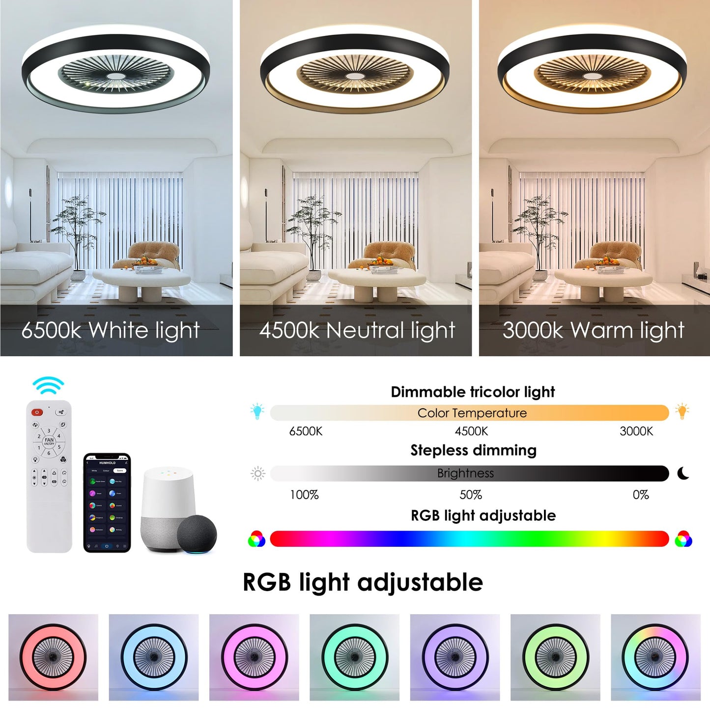 HUMHOLD 24" Bladeless Ceiling Fan with RGB Light Remote, Smart LED Ceiling Fans with Voice/App Control, Modern Low Profile Dimmable Light Ceiling Fan for Bedroom Living Room Black