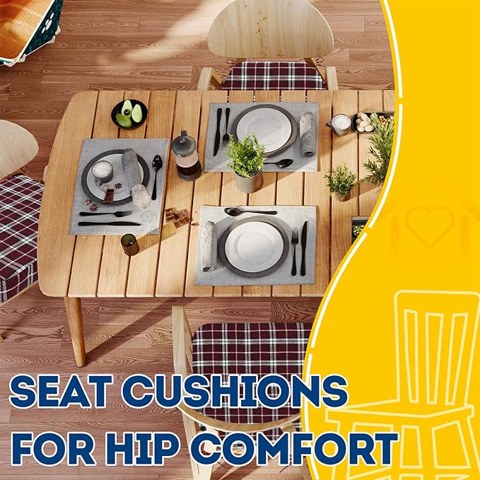 AAAAAcessories D-Shaped Chair Cushions, 2" Thick Dining Chair Pads with Ties and Removable, Machine-Washable Cover, 17" x 16", Set of 2, Red Checkered