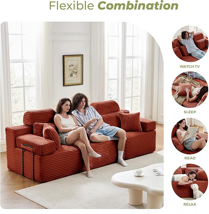101" 3 Seater Sofa Cloud Modular Sectional Sofa with Chaise & Headrest, Boneless Deep Seat Plush Corduroy Couches for Large Living Room, No Assembly Required (Orange, 101" 3 Seater)