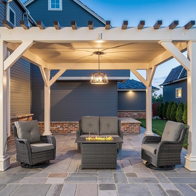 Belord 4 Piece Patio Furniture Set with Fire Pit Table - 41inch 50000 BTU Propane Fire Pit Table with High Back Loveseat Glider Chair and 2 Swivel Rocker Chair for Casual Gathering