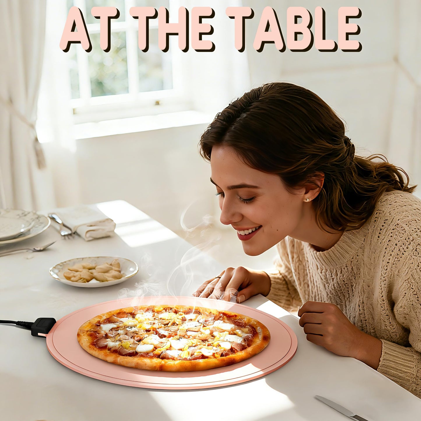 Smilesilk Portable Silicone Pizza Warming Mat - Roll Up Electric Food Heating Pad Tray, Fast Even Heating for Buffet Parties, Foldable Hot Plate Warmer for Home Kitchen Gifts (Pink)