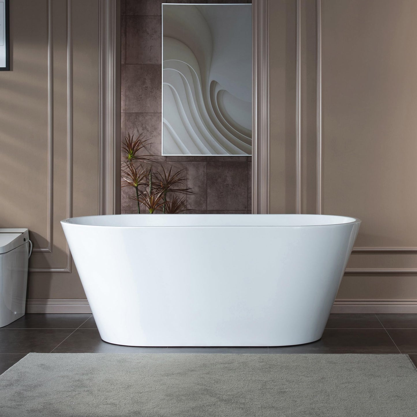 WOODBRIDGE 59" Acrylic Freestanding Bathtub Contemporary Soaking White Tub with Chrome Overflow and Drain