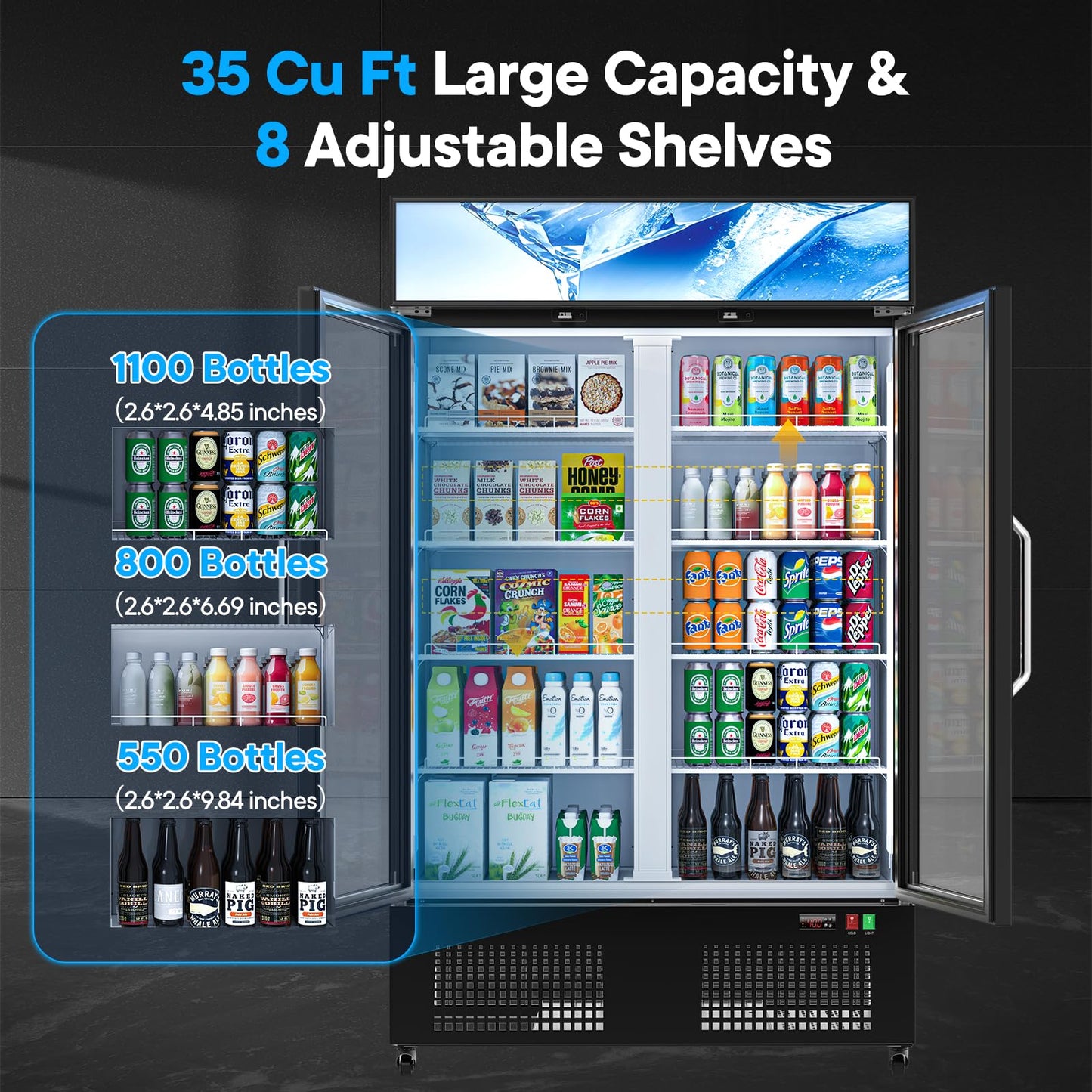 35 Cuft ETL & DOE Certified Commercial Merchandiser Refrigerators 2 Doors,Upright Business Display Retail Fridge Cooler with Adjustable Shelves,Built-in LED Light,Lightbox,Lockable Double Doors,Black
