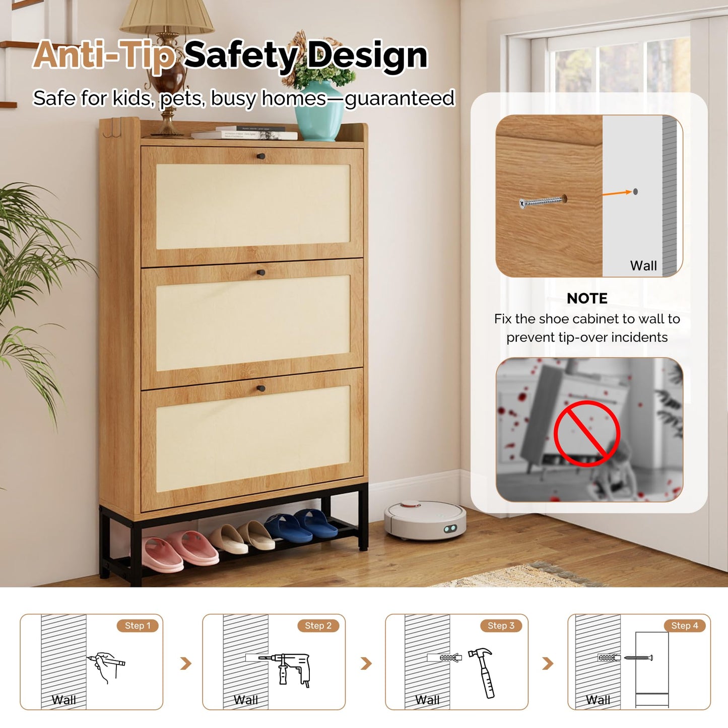 Aivermeil Slim Entryway Shoe Storage Cabinet with 2 Flip Drawers, Modern Freestanding Shoes Organizer Holds 16-20 Pairs, Closed Shoe Storage for Hallway, Foyer - Space-Saving Wood Shoe Rack