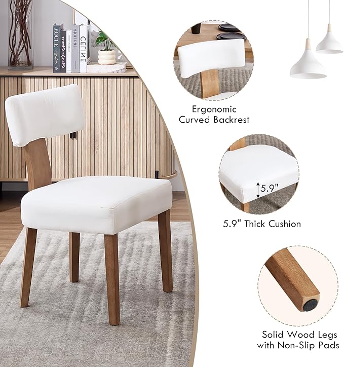 KHISCHMO Mid Century Modern Dining Chairs, Upholstered Linen Fabric Chairs with Curved Backrest and Wood Legs, Comfy Kitchen Vanity Chair for Dining Room/Living Room/Kitchen, Set of 4 Cream