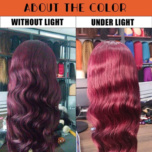 99j Burgundy Lace Front Wigs Human Hair Pre Plucked 13x6 Lace Frontal Human Hair Wigs for Black Women Body Wave Glueless Human Hair Wig 180% Density Pre Plucked Bleached Knots with Baby Hair （20 Inch）