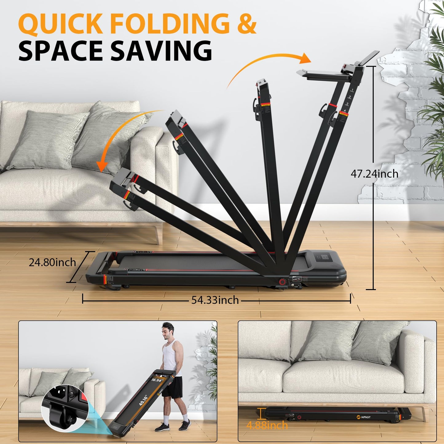 HiFast Walking Pad Treadmill, 3.0HP Under Desk Treadmills with 8% Incline, Adjustable Height Foldable Treadmill for Home Office, 300lbs Capacity with Removable Desk Workstation, Remote Control, APP
