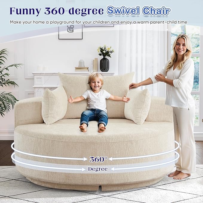 Oversized Round Swivel Chaise Longue Chair Indoor, Modern 55-inch 360 Degree Swivel Upholstered Chenille Deep Seat Circle Single Cloud Sofa Chair for Living Room Bedroom Apartment Office, Beige