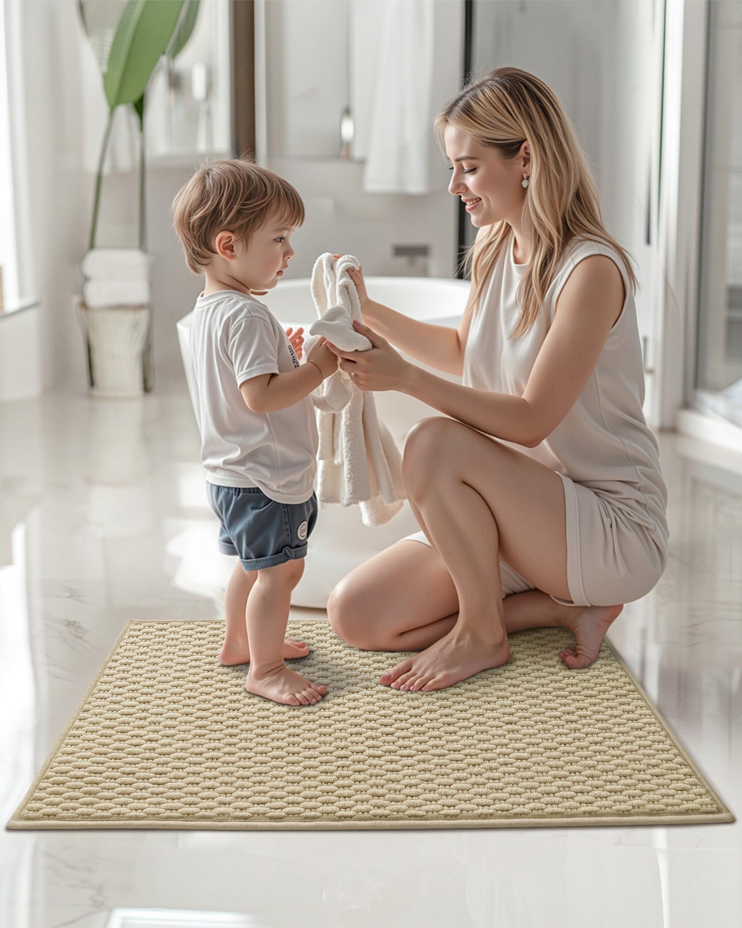 Color&Geometry Woven Chenille Bathroom Rugs Absorbent Non Slip, 16"x24" Light Yellow Bath Mat Washable, Small Bathroom Mat Quick Dry, Thin Bath Rugs Fit Under Door
