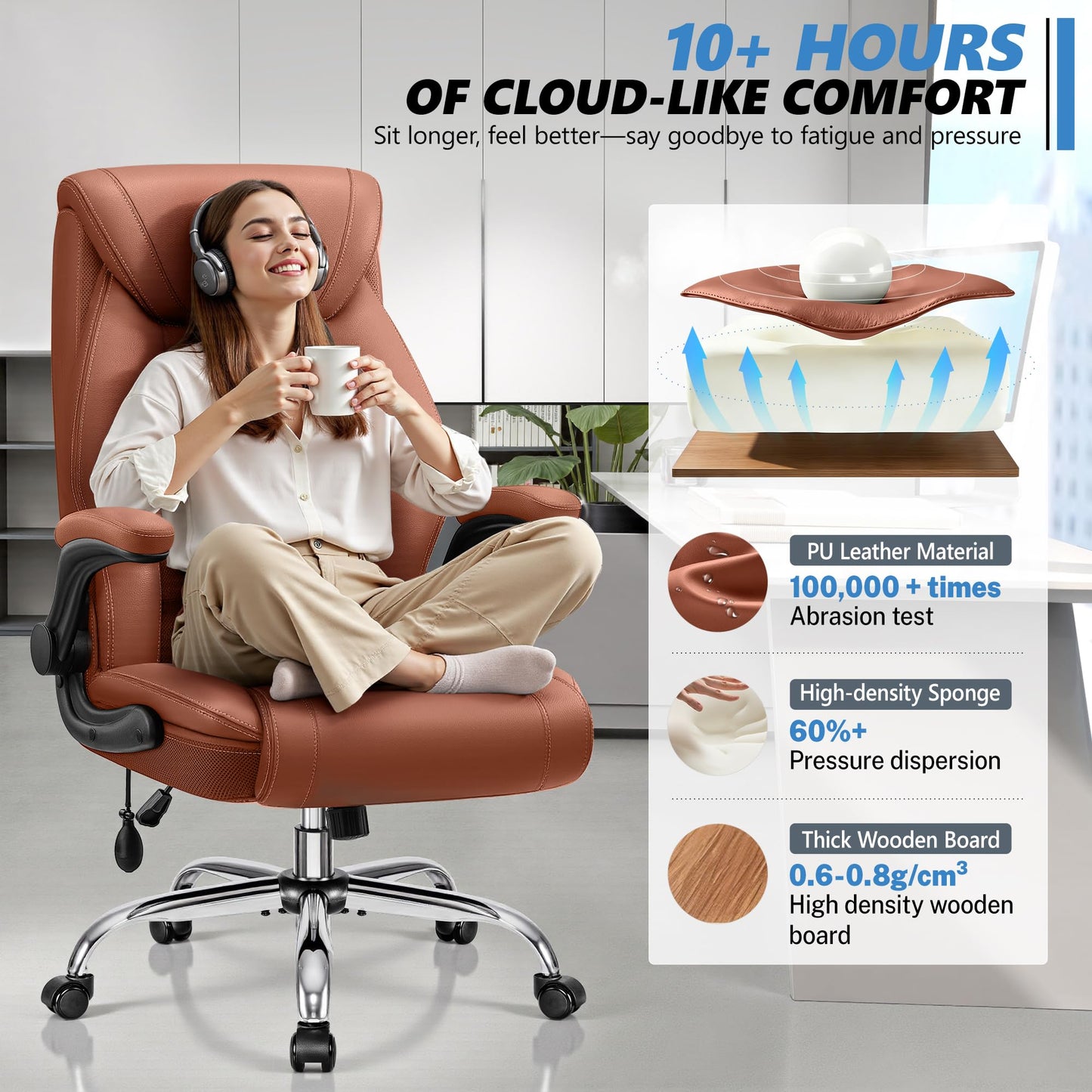 Office Chair, Big and Tall Ergonomic Desk Chair, Executive Leather Computer Chair with Adjustable Lumbar Support, Comfy Gaming Chair with Flip Up Arms, Swivel PC Chair with Rocking Function, Brown