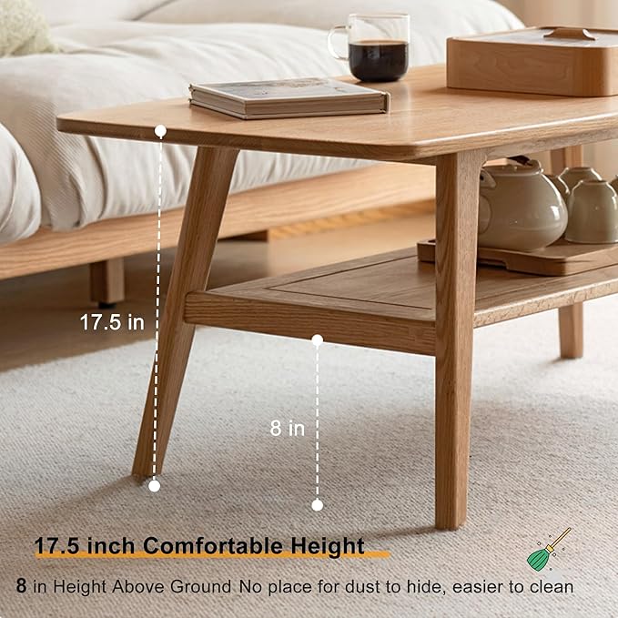 QKFF Modern Solid Wood Coffee Table, 2-Tier Small Wooden Coffee Table with Storage Shelf for Living Room, Apartment, Office, Natural (32''D x 20''W x 18''H)