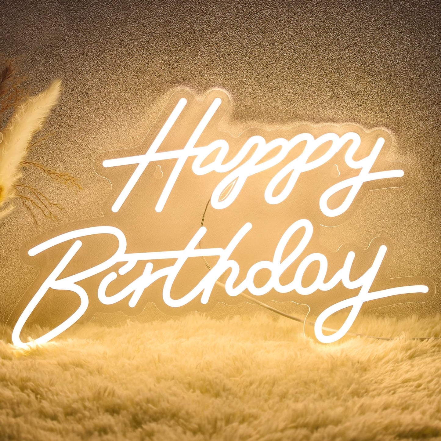 Happy Birthday Neon Sign for Wall Decor, LED Happy Birthday Light Up Sign, USB Powered Dimmable Neon Light for Birthday Party Decorations Backdrop, Warm White