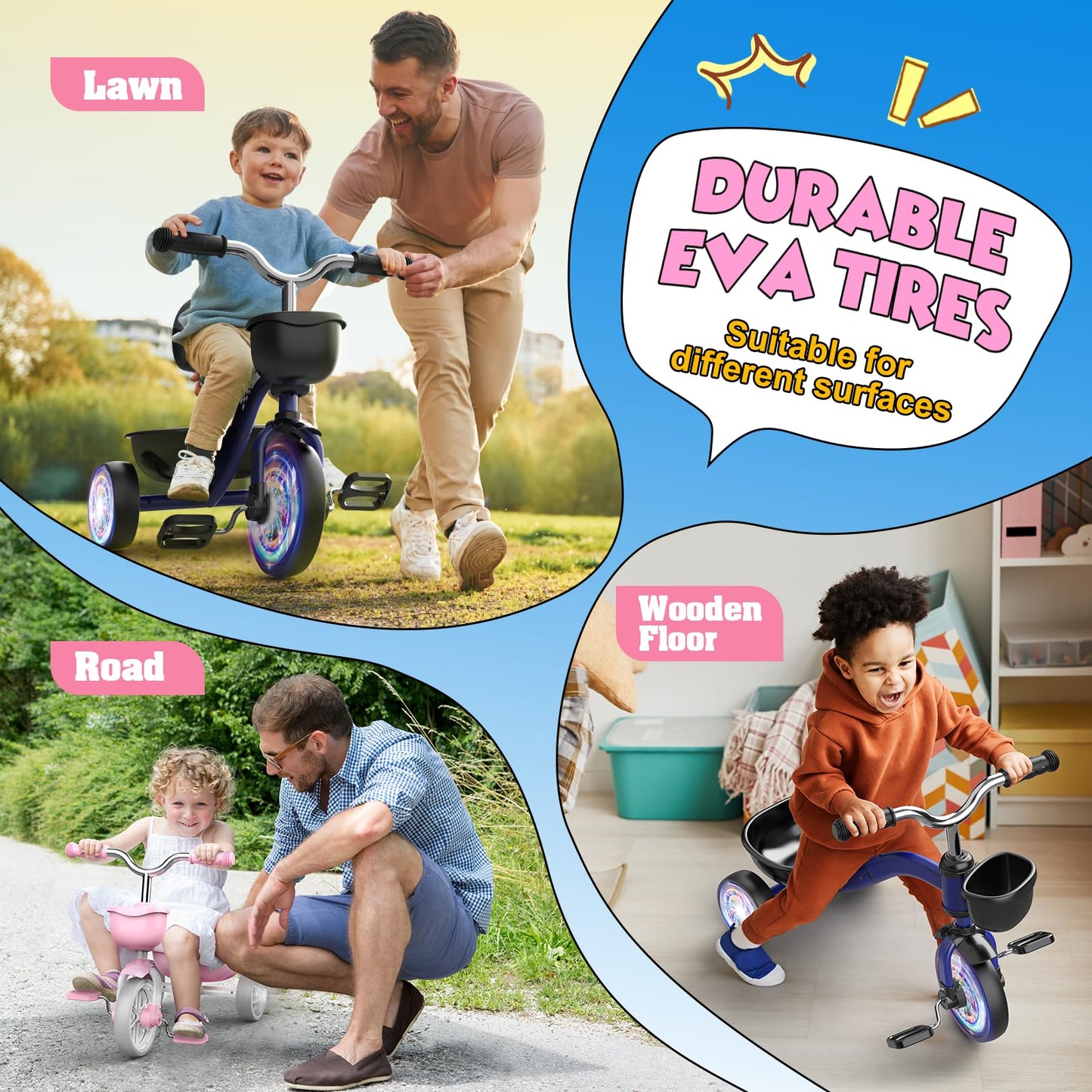 Toddler Tricycle for 1-3 3-5 Year Olds, Toddler Toys Baby Bike, Toys for Ages 2-4, 3-Level Adjustable Seat, 3 Colorful Lighting Wheels, 2 3 4 5 Year Old Girl Birthday Gifts Pink