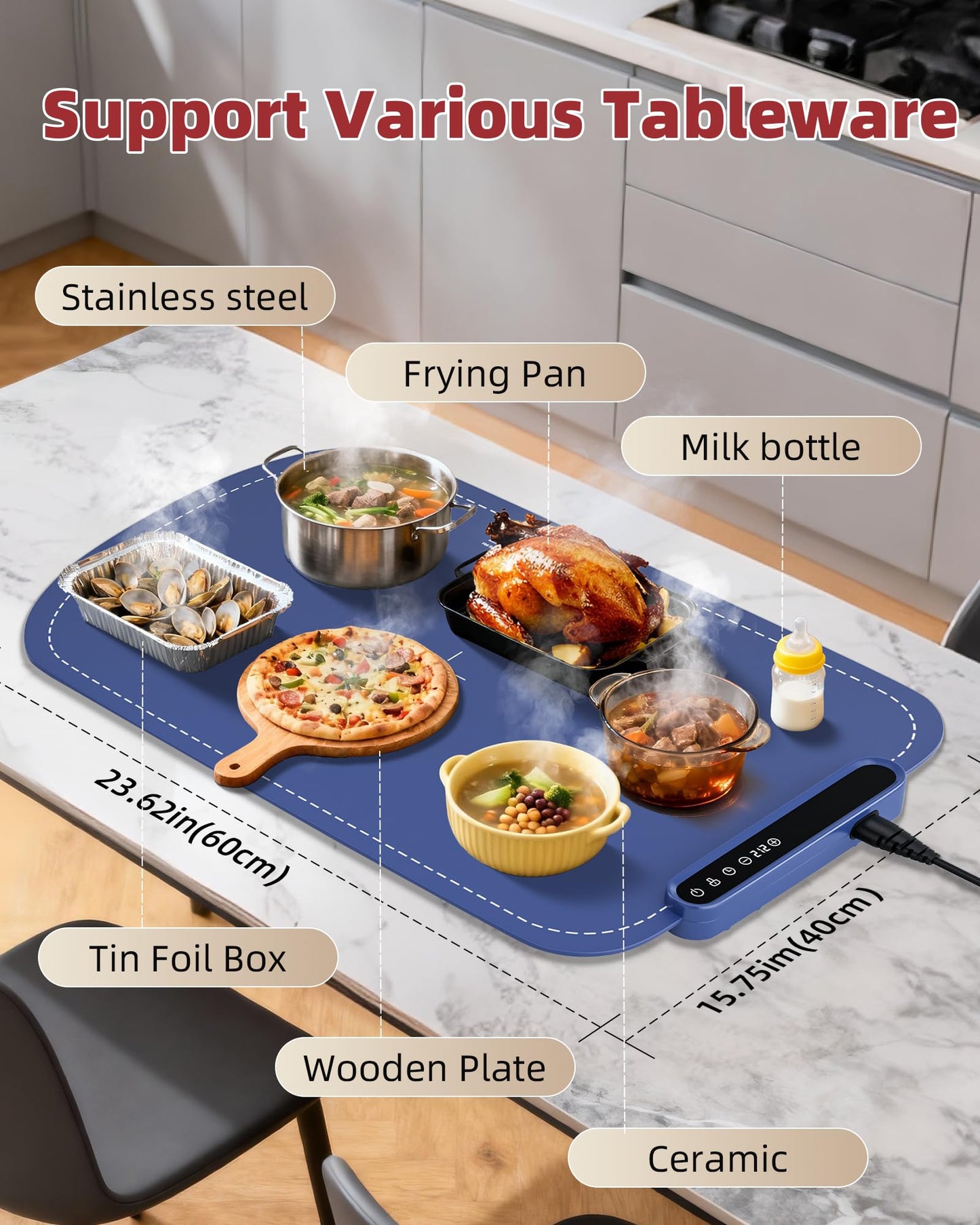 Warming Mat for Food, Upgraded Fast-Heating Electric Warming Tray with 7 Temp Levels & 8 Timers, Buffet Raised Feet & Rollable Silicone Heat Pad, Portable Food Warmer for Home, Party & Travel (Blue)