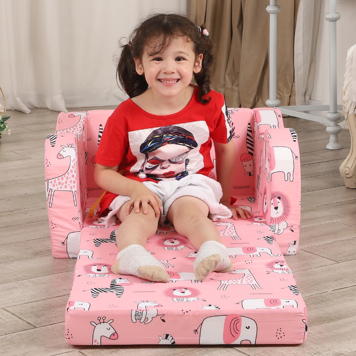 MOMCAYWEX Pink Kids Sofa, 2-in-1 Kids Couch Fold Out, Convertible Sofa to Bed for Girls and Boys